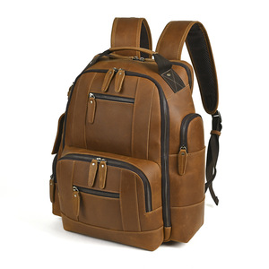 Crazy Horse Leather <b>Backpack</b> Men Large Capacity Retro Genuine Leather Travel <b>Backpack</b> Dark <b>Brown</b> Light <b>Brown</b> - Product Image 5