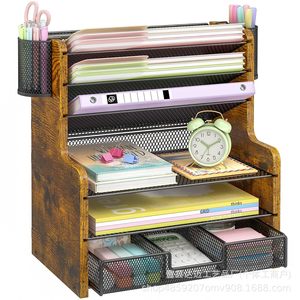 Iron And Wood <b>File</b> Management Rack 6 Layers Desktop Organizer With Drawers Office Supplies <b>Storage</b> Shelf - Product Image 1