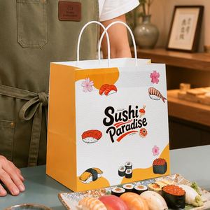 Sacs à emporter en papier kraft personnalisés avec logo de restaurant, recyclables, laminés, écologiques, avec poignée pour les sushis - Product Image 4