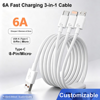 Kabel USB Type C 3 in 1 6A Pengisian Cepat PVC Type C ke 8 Pin Micro untuk 66W untuk Smartphone Android Power Bank HD 1.2M 1.8M OEM
