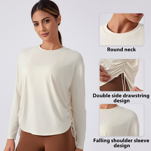 Usine en gros rapidement sec <span class=keywords><strong>nu</strong></span> sentiment lâche côté dessiner corde Gym sweat pour les femmes en cours d'exécution Fitness T-Shirt - Product Image 3