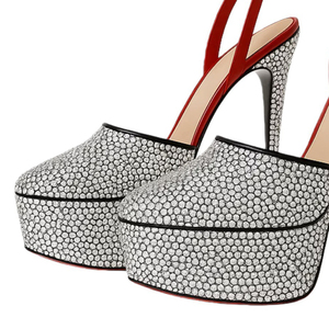 Sandales à plateforme épaisse pour femme, taille 45, avec diamants argentés brillants, coupe large, talons hauts fins, bride de cheville rouge et talon découpé - Product Image 3