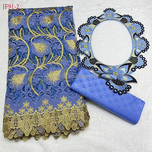 JF91 2.5yards de <span class=keywords><strong>bazin</strong></span> riche + 2.5yards de tissu de dentelle <span class=keywords><strong>africaine</strong></span> avec collier pectoral dentelle de voile suisse de style nigérian pour la <span class=keywords><strong>couture</strong></span> de <span class=keywords><strong>robe</strong></span> - Product Image 1