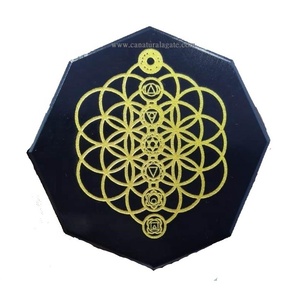 จานรองแก้วหินสีดำทัวมาลีนสีดำสัญลักษณ์จักระแผ่นหกเหลี่ยมแผ่นรองแก้วจักระสำหรับดื่มพร้อมขาตั้งกาแฟ - Product Image 1