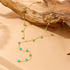 Y Shaped Tassel Necklace Round Turquoise Zinc Alloy Sweater Chain Bezel Setting Clavicle Chain - Product Image 3