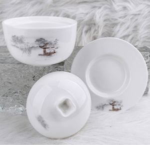 Marmite en porcelaine pour service à domicile avec couvercle à bouton rond, plateau, illustration personnalisée, bord doré, bol à soupe en céramique - Product Image 2