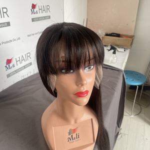 Perruque en cheveux humains naturels lisses, faite à la main, avec frange, pour femme noire, dentelle frontale transparente, 100% cheveux humains - Product Image 2