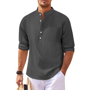 Nuova <span class=keywords><strong>Camicia</strong></span> da <span class=keywords><strong>Uomo</strong></span> in Cotone e <span class=keywords><strong>Lino</strong></span>, Tinta Unita, Casual, con Colletto Rialzato e Maniche Lunghe - Product Image 6