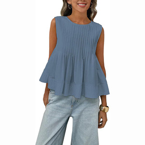 Hochwertige Sommer-Damenbluse mit Schmalpassform, Ärmellos, O-Ausschnitt, Einfach Plissiert, Gewebtes Einfarbiges Polyester-Oberteil - Product Image 3