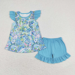 Ensemble de vêtements pour filles en gros, motif floral tropical flamant rose, manches volantées, tenue 2 pièces - Product Image 5