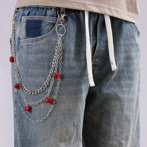 Chaîne de pantalon Yueli en forme de cœur, multicouche, en alliage de zinc, perles rouges, unisexe, chaîne de taille, usage quotidien, style hip-hop - Product Image 2