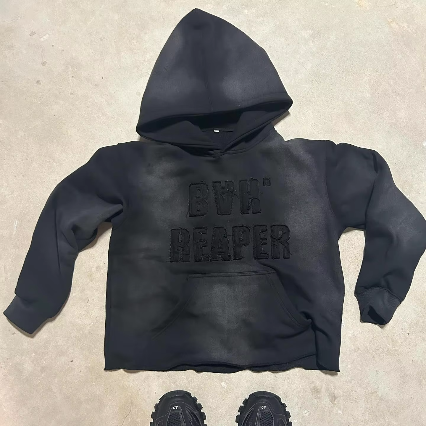 Custom Clothing Manufacturer Acid Wash Distressed Embroidered Patch Sweatsuit Flared Sweatpants Cropped Hoodie Sets