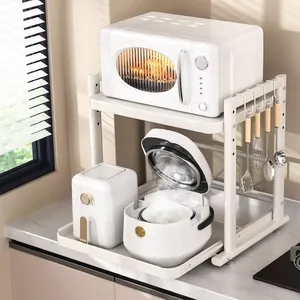 Estante de Almacenamiento para Cocina con Bandeja Deslizable de Doble Nivel, Impermeable, con Estructura Metálica y Altura Ajustable, para Horno de Microondas - Product Image 2