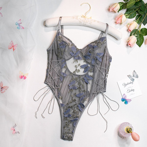 Women Sexy Top Mesh Sheer One Piece <strong>Lace</strong> <strong>up</strong> Floral Embroidered Teddy Lingerie <strong>Bodysuit</strong> - Product Image 6