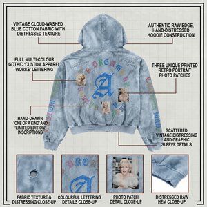 Custom 450GSM Cotton Hoodie Portrait Graphic Sun Bleached Mud Wash Distressed Boxy Fit Blue <b>Pullover</b> OEM Streetwear <b>Men</b> Hoodie - Product Image 3