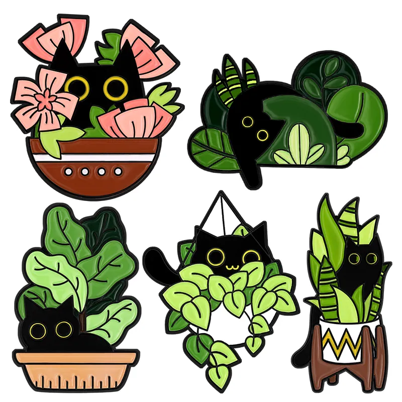 Sevimli kedi bitki emaye Pin yaprak yeşil broş çiçek takı Metal yaka iğnesi toptan özel