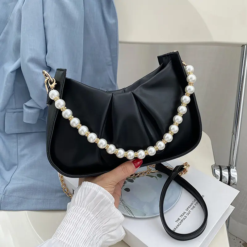 Bolso de hombro de Pu para mujer, bolsa abierta con cadena coreana, plisado con perlas, bandolera de un solo hombro