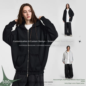Sweat à capuche rétro style américain automne/hiver en coton pur 500g, coupe ample avec <span class=keywords><strong>fermeture</strong></span> éclair, couleur unie, vêtements pour hommes haut de gamme - Product Image 3