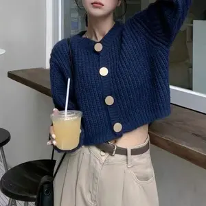 Cardigan Herstellung Großhandel reine Farbe Grob strick pullover Big Button Mantel hochwertige Computer Strick oberteil