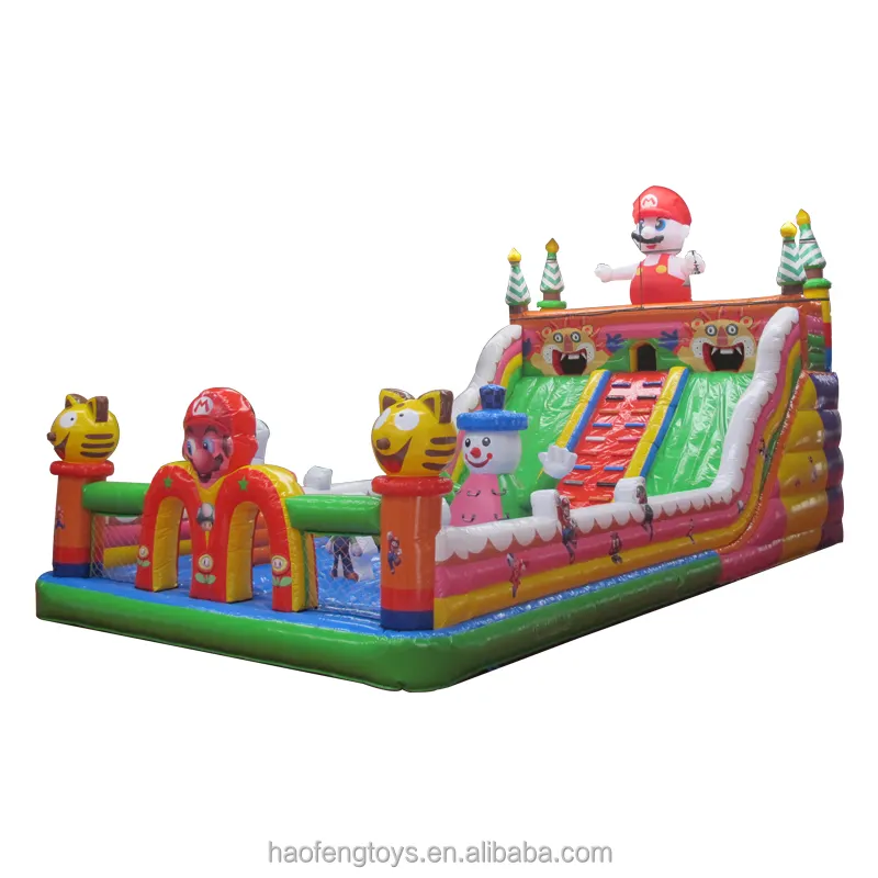 Commercial PVC outdoor inflável Fun City cartoon tema cama bouncy Jumping Super Mario Bouncy Castle com slide seco para venda