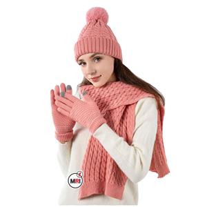 Conjunto de Tres Piezas de Gorro, Bufanda y Guantes de Punto con Estampado de Jacquard de Camuflaje Cálido para Mujer, 100% Acrílico - Product Image 1