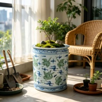 Pot Bunga Porselen Biru Hijau Putih Gaya Art Deco, Lukisan Tangan Motif Bangau dan Awan, Chinoiserie, Dekorasi Rumah dan Taman, Selamat