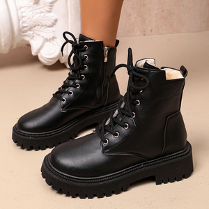 Kadın Bağcıklı Asker Botu Yan Fermuarlı Kalın Platform Yuvarlak Burun PU Deri Bilek Botu Siyah Krem Kışlık Ayakkabı - Product Image 4