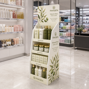 Olive Hair Care Display Corrugated Paper Floor <b>Stand</b> 4-Tier Rack For Shampoo Conditioner Supermarket Beauty Display - Product Image 1