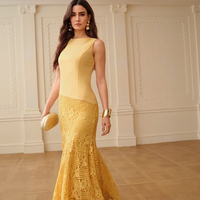 Robe de soirée sirène élégante jaune en dentelle sans manches pour femme, idéale pour mariage, fabrication sur mesure en petites séries, vente rapide en gros