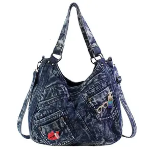 Trendy Women's Denim Bag Blue Jean Purses Vintage Handbags with Shine Sequins Glasses Decoration and Lip Embroidery