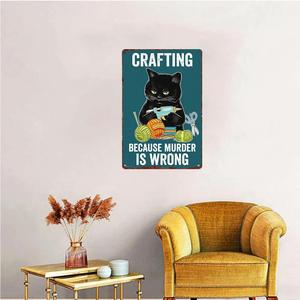 Targa vintage in metallo con scritta "Crafting Because Murder Is Wrong" - Divertente targa con gatto nero |   Arte Decorativa da Parete in Alluminio - Product Image 4