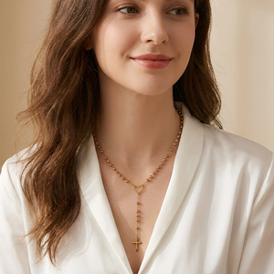 Collier chapelet en acier inoxydable plaqué or avec perles, pendentif Vierge Marie et croix, collier lariat, bijou de mode superposable pour femme - Product Image 6