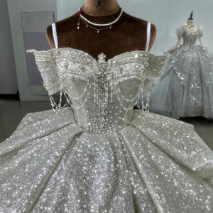 Para Jancember XS061 moderno fuera del hombro brillo Bling vestido de novia para niñas Falda larga hinchada capilla tren encaje cristal - Product Image 2