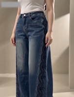 Jean large taille haute pour femme avec strass scintillants et broderie en dentelle sur les côtés, disponible en deux couleurs, commande en gros