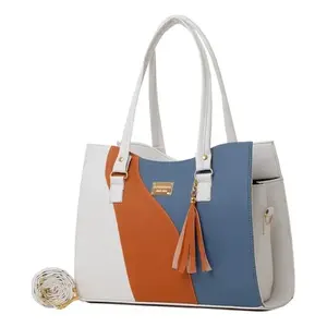 Bolso de mano informal a cuadros para mujer de Fana Azyadeth, color blanco, con dos correas y decoración de borlas, M3730, para uso diario. - Product Image 3