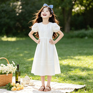 Vestito da bambina in cotone morbido bianco stile francese, abito da principessa <span class=keywords><strong>chic</strong></span> per bambine con gonna lunga e maniche a palloncino, per bambine più grandi - Product Image 1