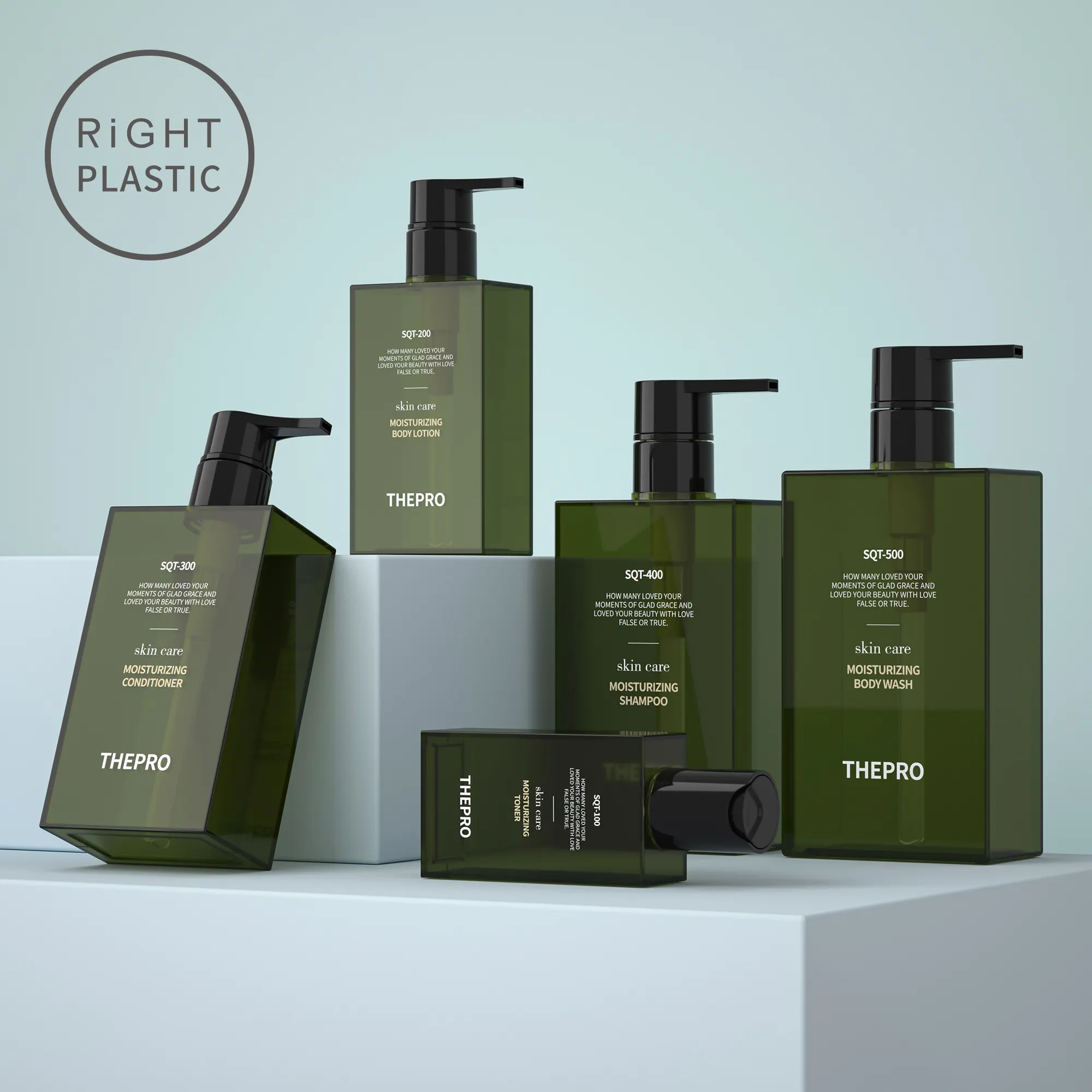 Emballage cosmétique carré en plastique PET 100ml 300ml 500ml shampoing nettoyant pour le corps lotion huile essentielle vert noir bouteilles conteneur