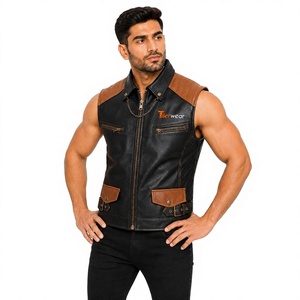 Tiierwear <b>Men's</b> <b>Black</b> Leather Look Moto <b>Vest</b> With Brown Accents Zipper Front Pockets Chains Turn-down Collar Autumn Winter Outer - Product Image 1