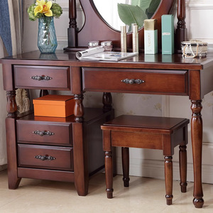 American Style Solid Wood <b>Dressing</b> Table With Mirror And Stool For Bedroom Mahogany Finish - Product Image 2