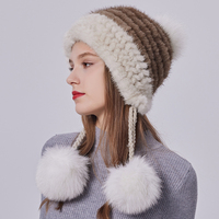 Chapeau tissé en fourrure de vison pour femmes chapeau chaud d'hiver avec pompon en fourrure de renard chapeau de ski de neige
