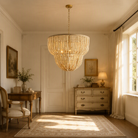 Lustre Jingshi à franges de perles dorées, draperies de perles rondes denses en forme incurvée, éclairage de plafond pour la maison à lueur chaude