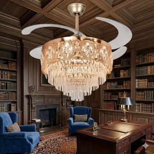 Lustre silencieux à télécommande pour la décoration de la maison, ventilateur de plafond moderne en cristal doré avec pales rétractables - Product Image 4
