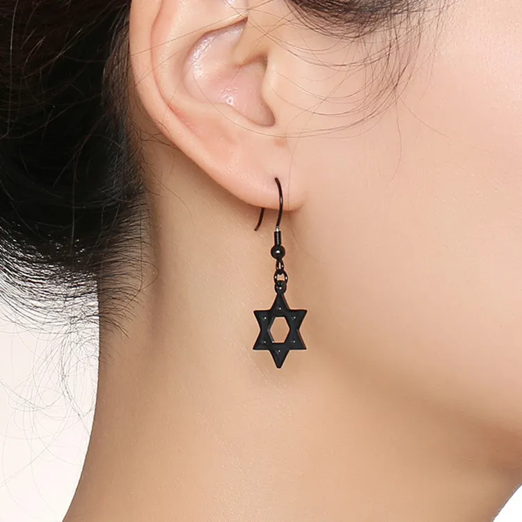 Trendy black plated hook earrings for women stainless steel star of david dangle hook earrings wholesale