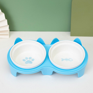 Cat Feeding Bowl Set Ceramic Dual Dish <b>Pink</b> Paw And Fish Design For Cats - Product Image 2