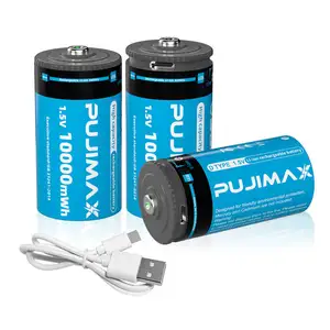 PUJIMAX Terbaru 1 Buah D Ukuran 1.5V Baterai Lithium Isi Ulang Baterai Lithium Ion 1.5V Usb C Li Ion Baterai 10000mwh dengan Kabel