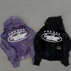 Sweat à capuche zippé streetwear en molleton bouclette épais 500 g/m², coupe oversize, vintage, délavé à l'acide, effet usé, avec strass, sans taxes ni droits de douane - Product Image 3