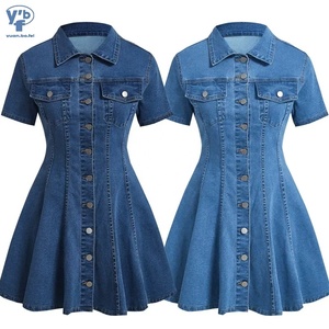 YUANBOFEI Women Denim Dress Women's <strong>Short</strong> Sleeve Button Down Jean Mini Dress Dark &amp; Light Wash Flare Casual Summer Dress - Product Image 1