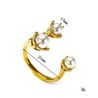 Eleganter 3-Perlen-Offener-Manschettenring, Großhandel Vergoldeter Edelstahl Verstellbarer Damen-Modeschmuckring
