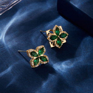 Flower Stud <b>Earrings</b> Green Crystal Gold Plated 925 Silver <b>Post</b> Everyday Wear - Product Image 4