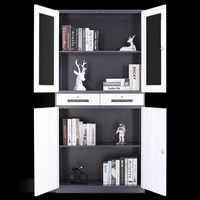 Armario de Oficina con Puertas Batientes de Vidrio y 2 Cajones para Almacenamiento de Libros, Gabinete Moderno de Acero Gris con Cajones con Cerradura